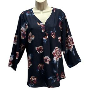 Van Heusen Women's Floral Navy Print Formal V-Neck 3/4 Sleeve Top Blouse Size L